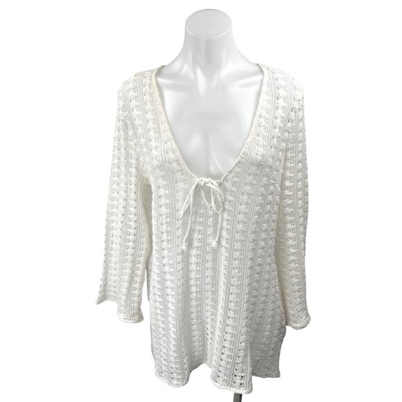 H&M White Crochet Knit Deep V Tie Long Sleeve Beach Cover Up Mini Dress Size M - Picture 5 of 7